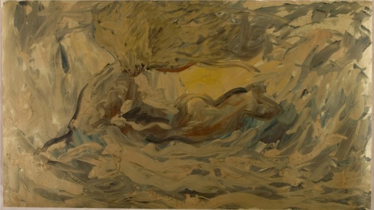 Vasco Bendini 1980, Senza titolo, tempera e polvere d'oro su carta intelata, cm 150x267