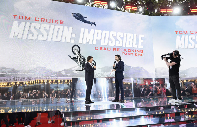 LONDON, ENGLAND - JUNE 22: Tom Cruise and Alex Zane during the UK Premiere of "Mission: Impossible - Dead Reckoning Part One" presented by Paramount Pictures and Skydance at Odeon Luxe Leicester Square on June 22, 2023 in London, England. (Photo by Gareth Cattermole/Getty Images for Paramount Pictures)
