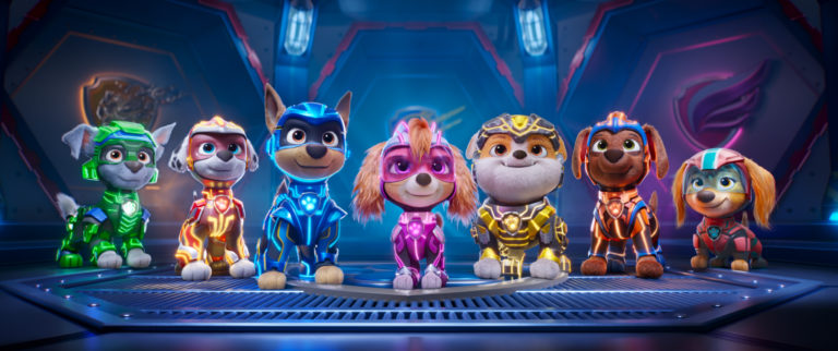 Callum Shoniker as “Rocky", Christian Corrao as “Marshall", Christian Convery as “Chase", McKenna Grace as “Skye", Luxton Handspiker as “Rubble", Nylan Parthipan as “Zuma", and Marsai Martin as “Liberty" in Paw Patrol: The Mighty Movie from Spin Master Entertainment, Nickelodeon Movies, and Paramount Pictures.