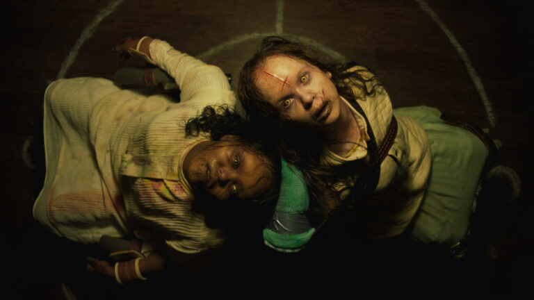 (from left) Angela Fielding (Lidya Jewett) and Katherine (Olivia Marcum) in The Exorcist: Believer, directed by David Gordon Green.