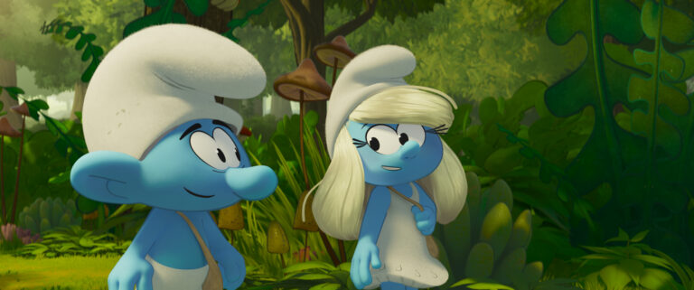 No Name (James Corden) and Smurfette (Rihanna) in Smurfs from Paramount Animation.