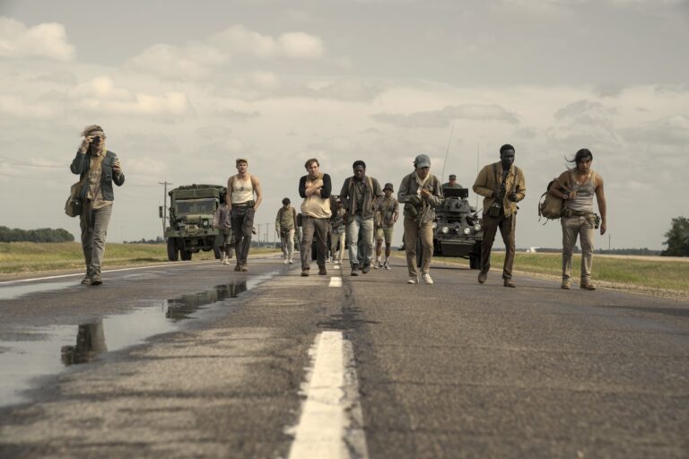 Charlie Plummer as Barkovitch, Garrett Wareing as Stebbins, Cooper Hoffman as Garraty, David Jonsson as McVries, Ben Wang as Olson, Tut Nyuot as Baker, and Joshua Odjick as Parker in The Long Walk. Photo Credit: Murray Close/Lionsgate