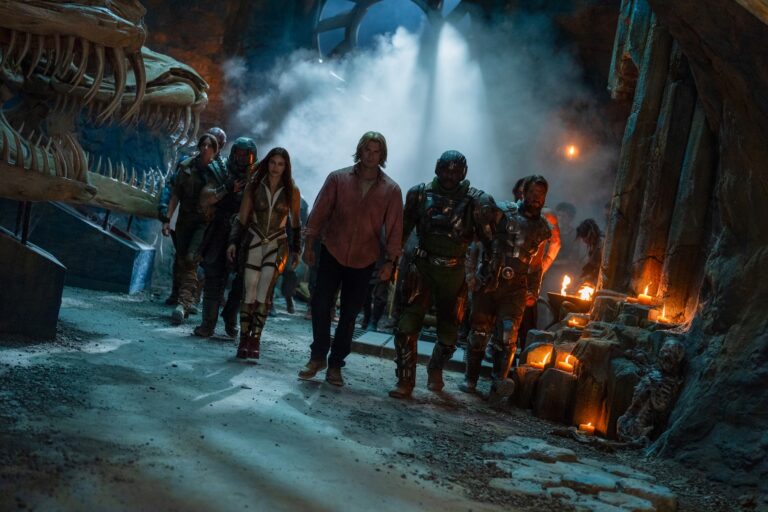 (l-r): Dian (Christiaan Bettridge), Ram Man (Jon Xue Zhang), Teela (Camila Mendes), Adam (Nicholas Galitzine), Man at Arms (Idris Elba), Fisto (Johannes Haukur Johannesson) in MASTERS OF THE UNIVERSE.