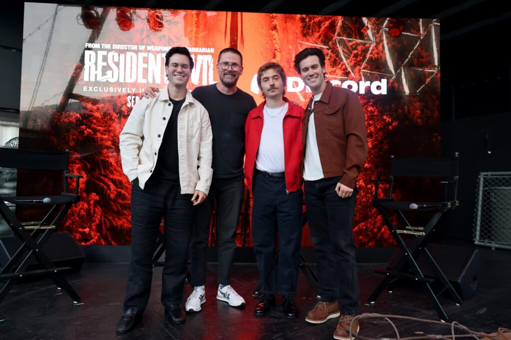 SAN DIEGO, CALIFORNIA - JULY 23: Anthony Deveney, Director/Writer Zach Cregger, Austin Abrams and James Deveney at Fan Event At Comic-Con For Constantin Film And Columbia Pictures' "Resident Evil" on July 23, 2026 in San Diego, California. (Photo by Eric Charbonneau/Sony Pictures via Getty Images)