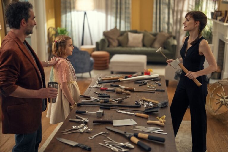 (from left) Daddo (Jay Duplass), Bela (Arabella Olivia Clark), and Mommy (Jessica Chastain) in Other Mommy, directed by Rob Savage.